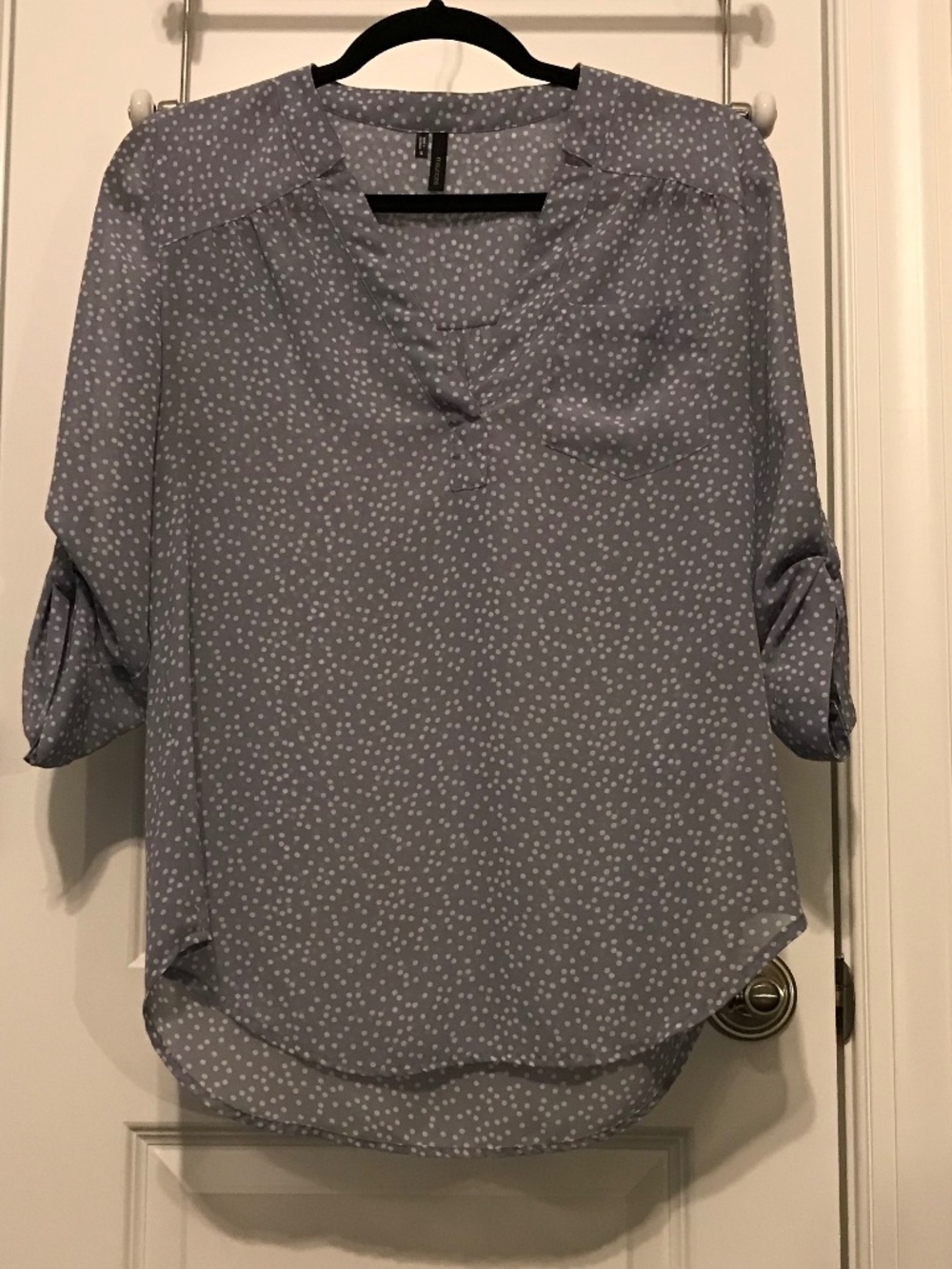 Maurices sheer polka dot gray-periwinkle v-neck blouse with roll sleeves (S)